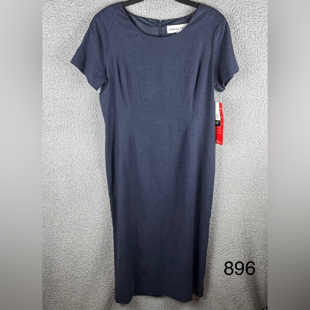 Adolfo Studio Women’s Vintage Blue Short Sleeve Linen Dress Size 12 Petite NWT